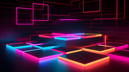 3d render, abstract background with neon glowing cubes and squares.の素材