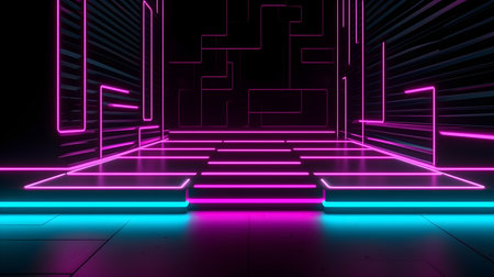 3D abstract background with neon lights. neon tunnel. 3d illustrationの素材
