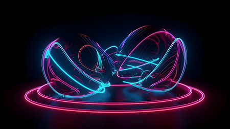 Neon Easter eggs on a dark background. 3D illustration.の素材