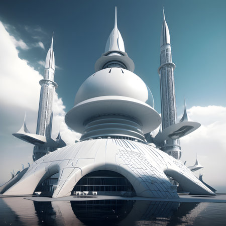3D illustration of a futuristic building in the middle of the oceanの素材