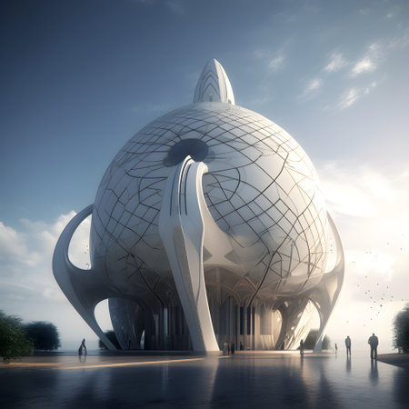 3D rendering of a futuristic building in the middle of the cityの素材
