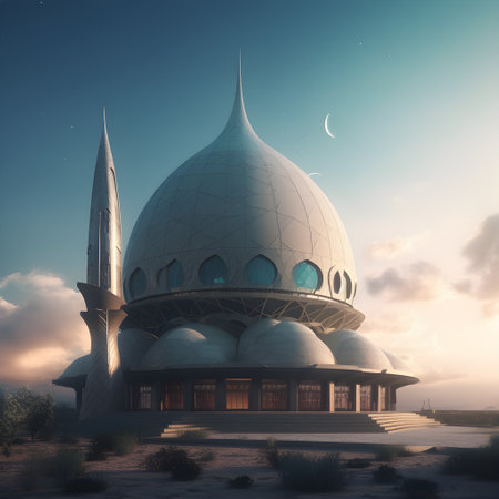 Ramadan Kareem islamic mosque at sunset. 3d renderingの素材