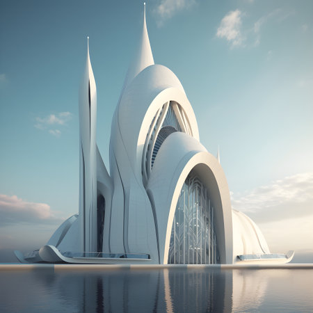 3D render of a modern building in the middle of the seaの素材