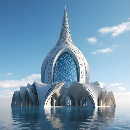 3d illustration of a white temple in the ocean with blue skyの素材