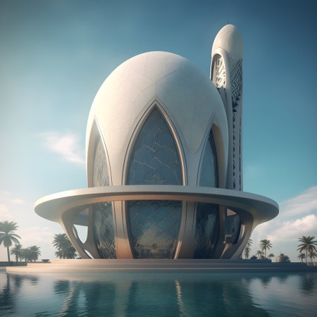 3D rendering of a futuristic building in the middle of the waterの素材