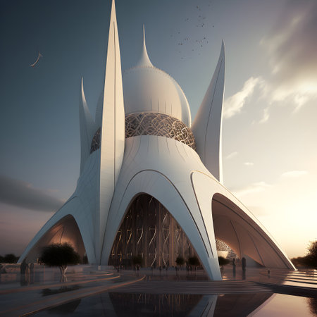 3D render of a futuristic building in the city at sunset.の素材