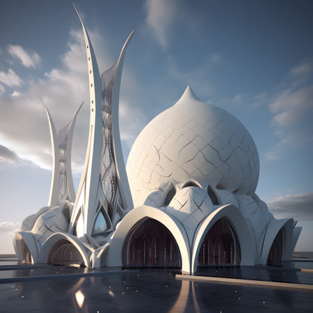 3D Illustration of a mosque in the middle of the oceanの素材