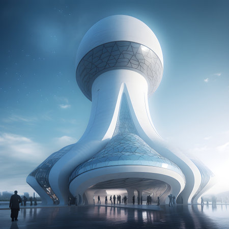 3d rendering of a futuristic building in the city with people aroundの素材
