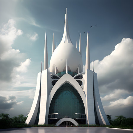 3d rendering of a modern mosque with blue sky and white cloudsの素材