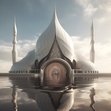 Mosque reflection in water, 3d render. Computer digital drawing.の素材