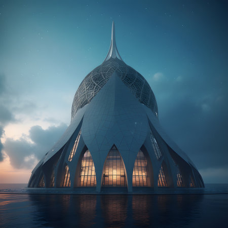 3D illustration of a mosque in the middle of the ocean.の素材