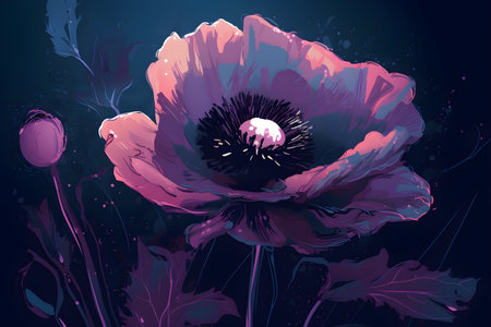 Vector illustration of a beautiful red poppy flower on dark blue background.の素材