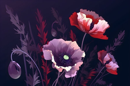 Beautiful poppies on a dark background. Vector illustration.の素材