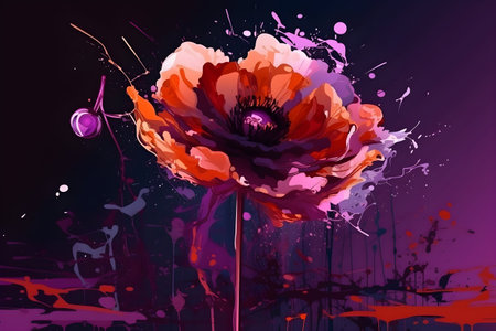 poppy flower with splashes and blots on a dark backgroundの素材