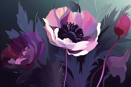 vector illustration of anemone flowers with leaves on a dark backgroundの素材
