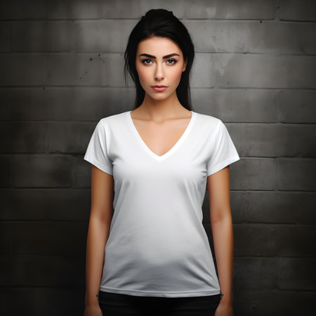 Portrait of a beautiful young woman in white t-shirt on grey backgroundの素材