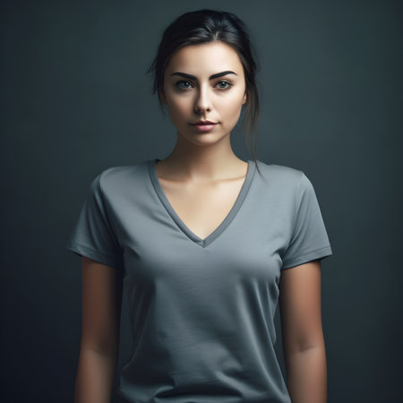 Portrait of young beautiful woman in grey t-shirt on dark backgroundの素材