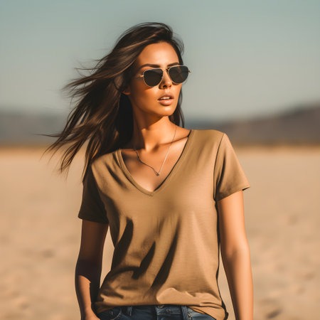 Portrait of a beautiful young brunette woman in sunglasses on the beachの素材