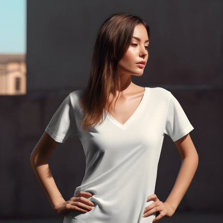Fashionable young woman in white t-shirt posing at studio.の素材