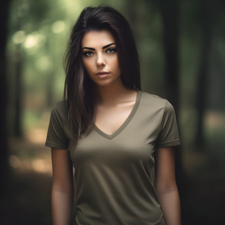Portrait of a beautiful young brunette woman in a dark forestの素材