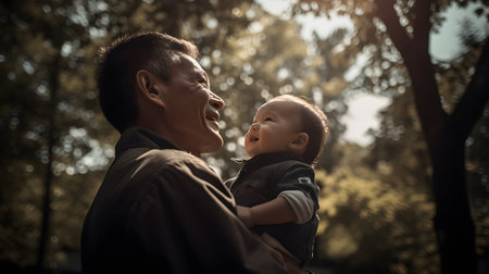 Laughter and love, heartwarming photo of a father and child enjoying lighthearted momentsの素材