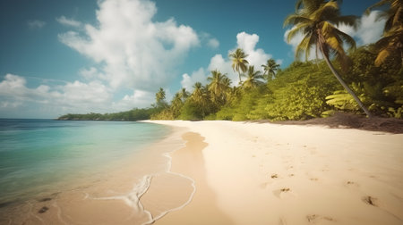 Tropical euphoria, captivating sandy beach, sun-drenched palms, and oceanic blissの素材