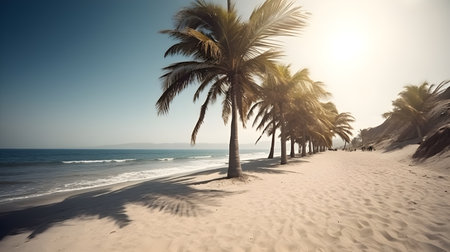 Palmy Trees Grace a Golden Sandy Beach, Providing a Gateway to Coastal Serenityの素材