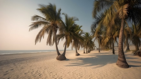 Palmy Trees Dance Along a Sandy Beach, Bathed in the Golden Glow of the Sunの素材