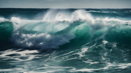 Seascapes unveiled, captivating waves, ethereal clouds, and glistening foamの素材