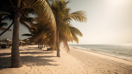 Palmy Trees Enhance the Beauty of a Peaceful Sandy Beach, Creating a Picturesque Coastal Retreatの素材