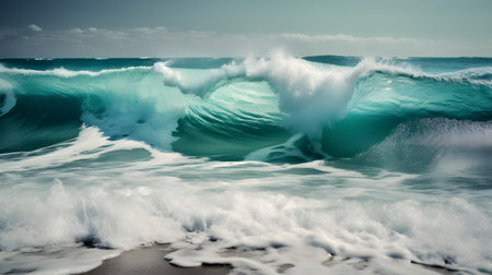 Coastal tranquility, mesmerizing ocean waves, ethereal clouds, and glistening foamの素材