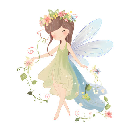 Enchanting winged sprite, adorable illustration of a colorful fairy with cute wings and floral touchesの素材