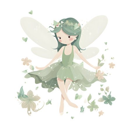 Enchanted meadow whispers, vibrant illustration of cute fairies with colorful wings and whimsical flower charmsの素材
