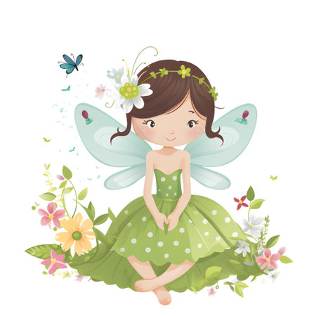 Fairyland fantasia, charming clipart of a colorful fairy with cute wings and whimsical flower detailsの素材