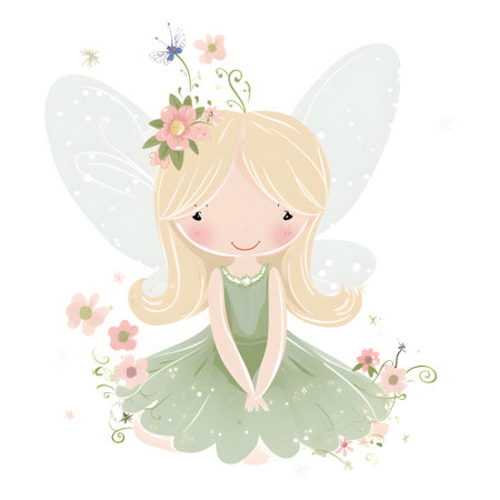 Enchanted garden bliss, adorable illustration of colorful fairies with cute wings and blissful flower magicの素材