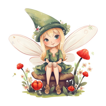 Magical meadow whispers, delightful clipart of cute fairies with magical wings and whispering meadow flowersの素材