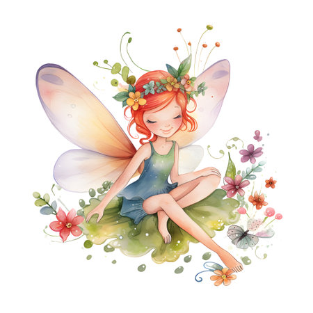 Fairy wings and blossoms, colorful clipart of adorable fairies with cute wings and blossoming flowersの素材