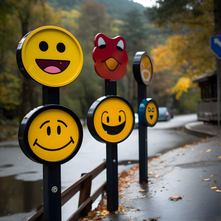 Signboards showcasing a range of emotive and engaging emojisの素材