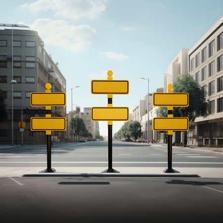 City thoroughfares displaying prominent signsの素材