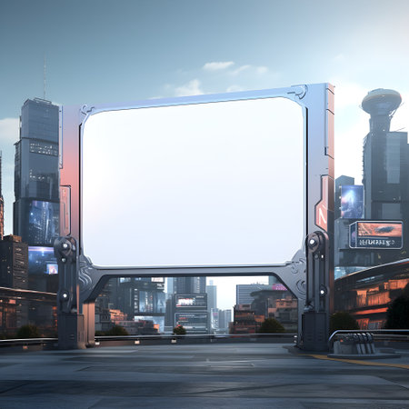 Blank billboard featuring a futuristic urban panoramaの素材