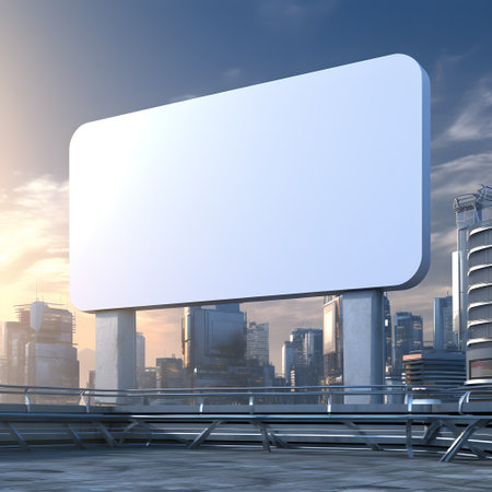 Empty billboard against a backdrop of a futuristic cityの素材