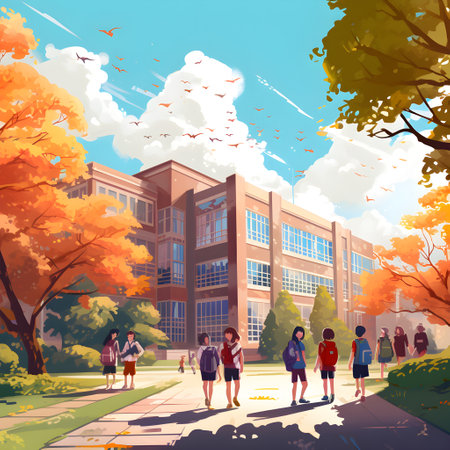 Vibrant artwork capturing the essence of the back to school theme with students and school suppliesの素材