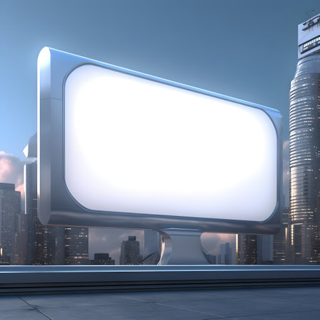 A blank billboard overlooking a tech-driven cityの素材