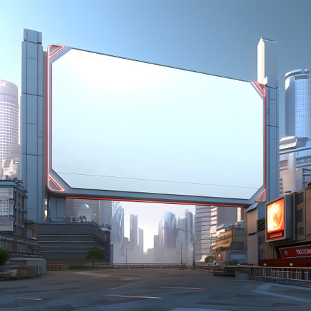 Unoccupied billboard amidst a futuristic urban environmentの素材