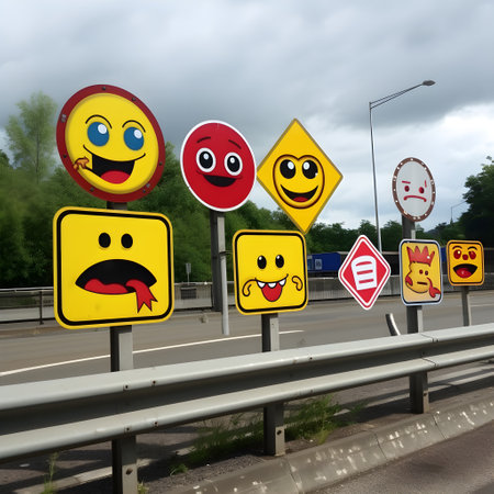 Signboards adorned with a diverse palette of colorful emojisの素材