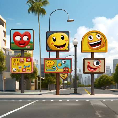 Vibrant emoji signs capturing attention on the bustling streetsの素材