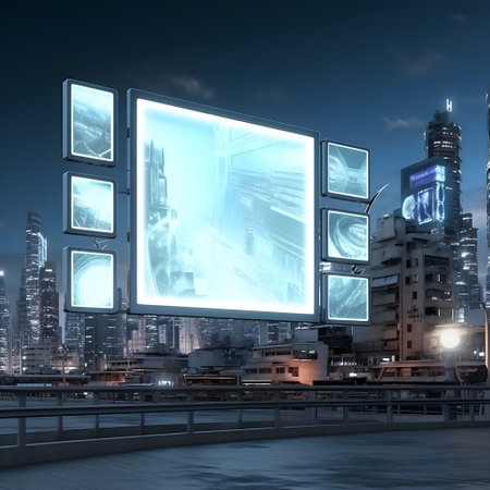 A blank billboard overlooking a futuristic cityscapeの素材