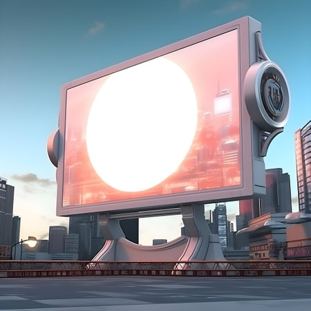 Blank billboard integrated into the backdrop of a futuristic cityの素材