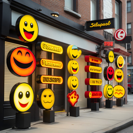 Eye-catching emoji signs illuminating the cityscapeの素材