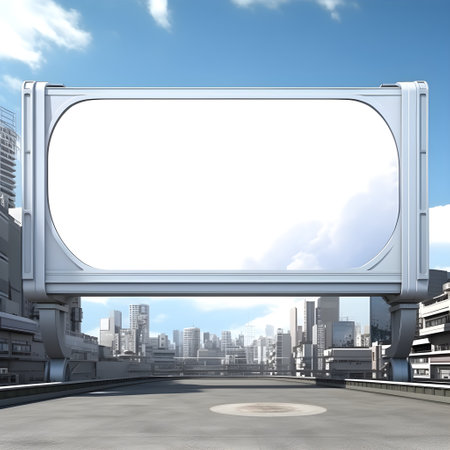A blank billboard amidst the vibrant energy of a futuristic metropolisの素材